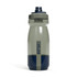 A drink bottle in grey and navy, featuring a logo and a twist-off lid for easy access.