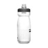 A drink bottle with a clear body, grey cap, and dotted design, featuring a logo on the side.