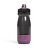 A drink bottle in black and purple with a screw-on lid and a branding logo.