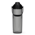 A drink bottle in translucent grey with a black lid and handle, featuring a logo on the side.