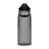A drink bottle in a transparent grey colour with a black lid and carrying handle, featuring a logo.