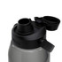 A drink bottle in grey featuring a black lid and spout, with a logo on the side.