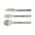 A stainless steel cutlery set featuring a knife, fork, and spoon with a logo.