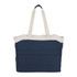 A navy and cream tote bag featuring dual handles and a spacious design, with a branded logo.