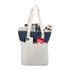 A white and navy tote bag with a drink bottle, phone, magazines, and a snack pack visible inside.