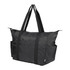 A packable travel duffel bag in black, featuring sturdy handles and multiple exterior pockets. It has a logo present.