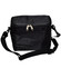 A black cooler bag with a zippered main compartment and an adjustable shoulder strap. It features a logo.