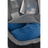 A travel backpack in grey with a blue neck pillow visible in an inner compartment, along with other items.