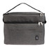 A grey zippered bag with a handle, featuring a front pocket and a logo on the side.