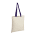 A beige cotton tote bag with purple coloured handles and a logo on one side.