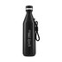 A drink bottle in matte black, featuring a sleek design and a silver cap, with a branding logo.
