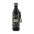 A drink bottle in black featuring a playful pattern of pineapples and tropical drinks, with a black strap and silver cap.