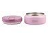 A pink insulated food flask with a stainless steel interior and a matching lid, featuring a logo.