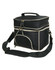 A black travel cooler bag with a double zip closure and an adjustable shoulder strap. It features a front pocket and a carry handle.