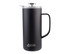 A drink bottle featuring a sleek black design with a handle, a lid, and a logo on the front.