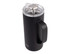 A drink bottle in matte black with a clear lid, featuring a handle and a logo.