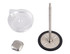 A coffee press assembly featuring a metal rod, a circular base, a lid, and a circular silicone pad.