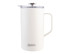 A drink bottle in a sleek white design with a clear lid and a stainless steel plunger. It features a logo on the front.