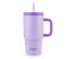 A drink bottle in lavender with a straw and handle, featuring a branding logo.