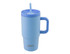 A drink bottle in light blue with a straw, handle, and insulated design, featuring a logo.