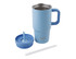A blue insulated travel tumbler with a handle, straw, and lid, featuring a logo on the side.
