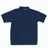 A navy blue polo shirt with a collar and buttoned placket, featuring a logo on the chest area.