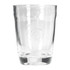 A glass cup with a clear design and an engraved logo on the front, featuring a rounded shape.