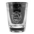 A glass carry cup with a clear design featuring an engraved logo related to van life, showcasing trees and a camper.