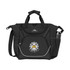 A black cooler bag with multiple compartments and a drink bottle holder, featuring a logo on the front.