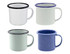 A set of four Falcon enamel espresso mugs in white, mint green, deep blue, and speckled blue, each with a contrasting rim.