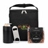 A black cooler bag with a drink bottle, a bottle opener, and a pack of roasted beer nuts.
