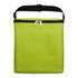 A green insulated bag with a zip closure and a front pocket, featuring a black strap for easy carrying.