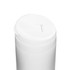 A white coffee cup with a lid featuring a slot for drinking, designed for beverages. It has a logo on the surface.