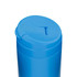 A bright blue coffee cup with a lid featuring a small opening for sipping. It has a smooth surface and rounded design.