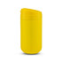 A yellow coffee cup with a rounded lid and a sleek design. It features a logo.