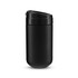A coffee cup in matte black with a secure lid and a minimalist design, featuring a logo.