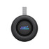 A round black speaker with a grey strap, featuring a logo in vibrant colours.