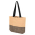 A tote bag with a tan upper section and a black lower section, featuring two black handles and a logo.