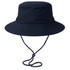 A navy recycled surf hat with a wide brim and an adjustable chin strap. It features a logo on the side.
