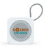 A square white portable speaker with a mesh grille and a looped strap, featuring a logo on the front.