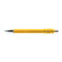 A yellow metal pen with a shiny chrome tip and a textured grip, featuring a branding logo.