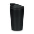 A black coffee cup with a lid and a sleek design, featuring a logo on the side.