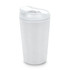 A white reusable coffee cup with a lid, featuring a simple design and a logo.