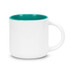 A coffee mug featuring a white exterior and a teal interior, with a handle and a logo.
