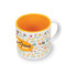 A coffee mug featuring a white exterior with colourful travel-themed illustrations and an orange interior. It has a logo.