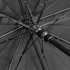 An umbrella featuring a black canopy and a metallic frame, viewed from underneath. It has a central hub and spokes.