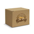 A cardboard box featuring a bakery design, with a pie illustration and printed text in brown.