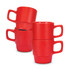A stack of four red stackable coffee mugs featuring a ribbed design and sturdy handles.