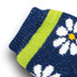 A pair of blue cosy socks with a floral pattern and green stripes. The socks feature a logo.