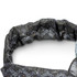 A custom elastic headband featuring a patterned design in shades of black and grey, with a small logo.